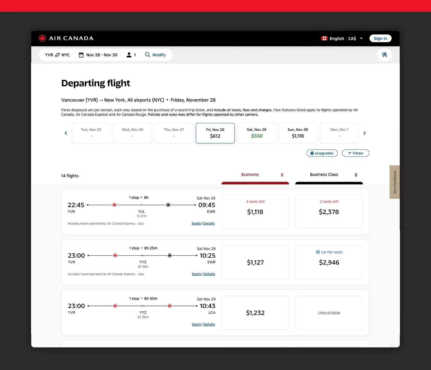 Air Canada booking interface shown in a laptop frame