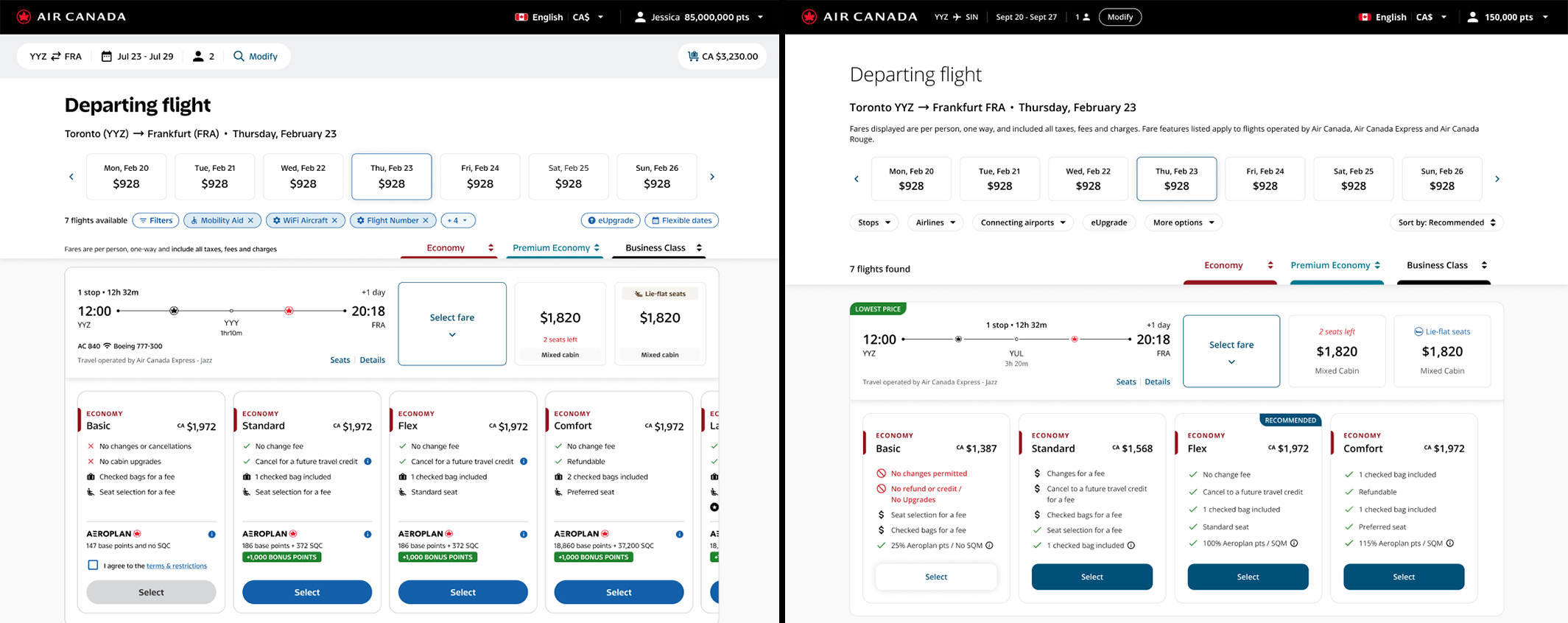 Side-by-side comparison of the Air Canada departing-flight results page before and after Compass implementation