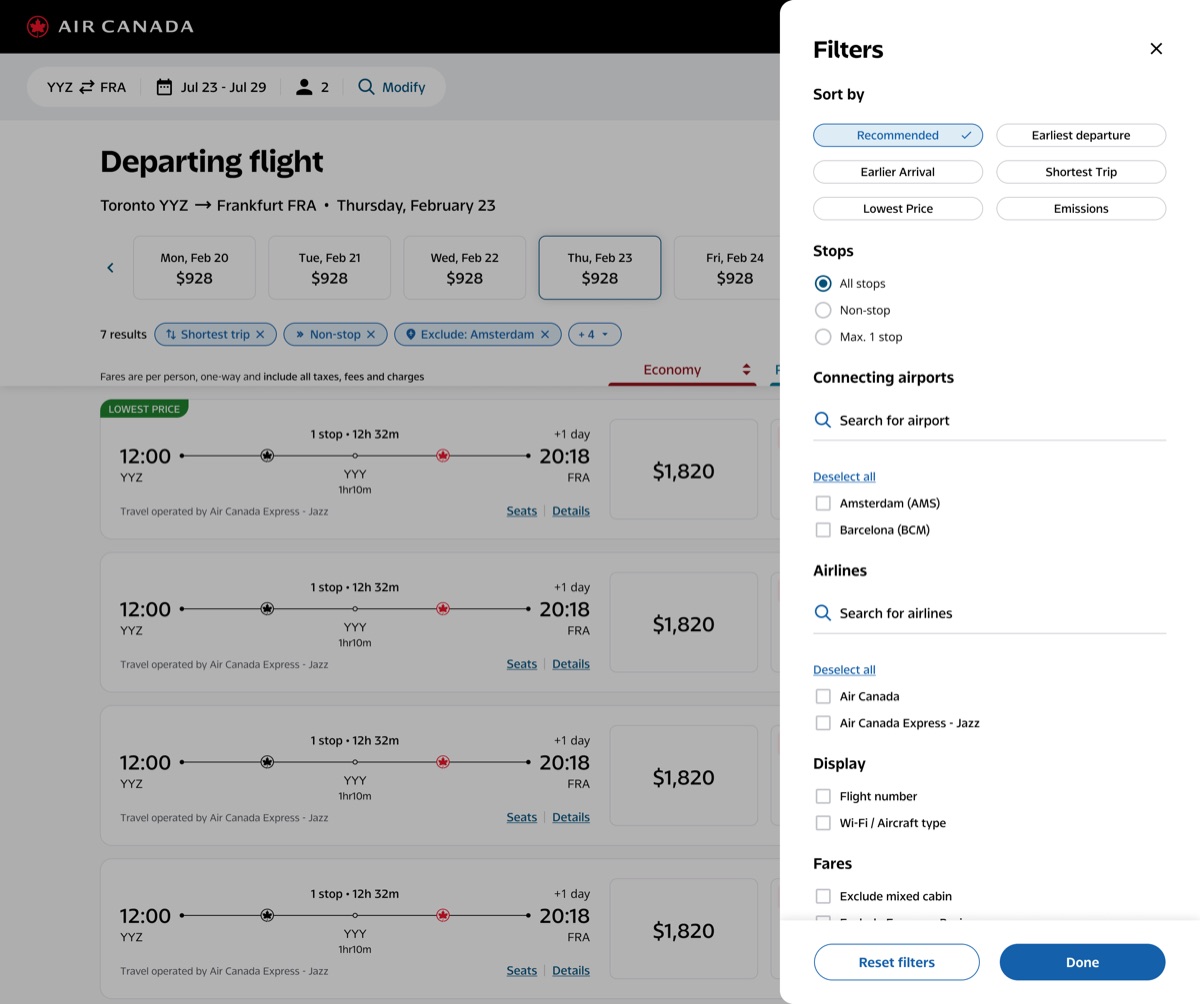 Air Canada departing-flight results with the filters drawer open on the right