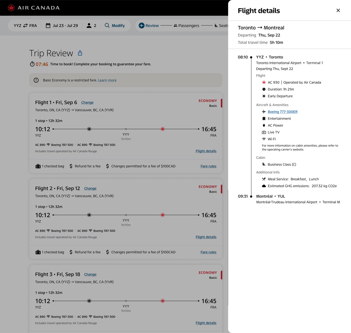 Trip review with the flight details drawer open, showing a Toronto to Montreal itinerary