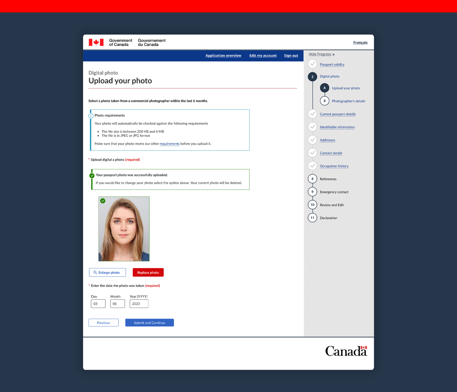 Government of Canada passport renewal application shown in a laptop frame