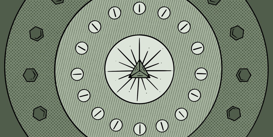 Abstract illustration of figures arranged in a ring around a radiating centre