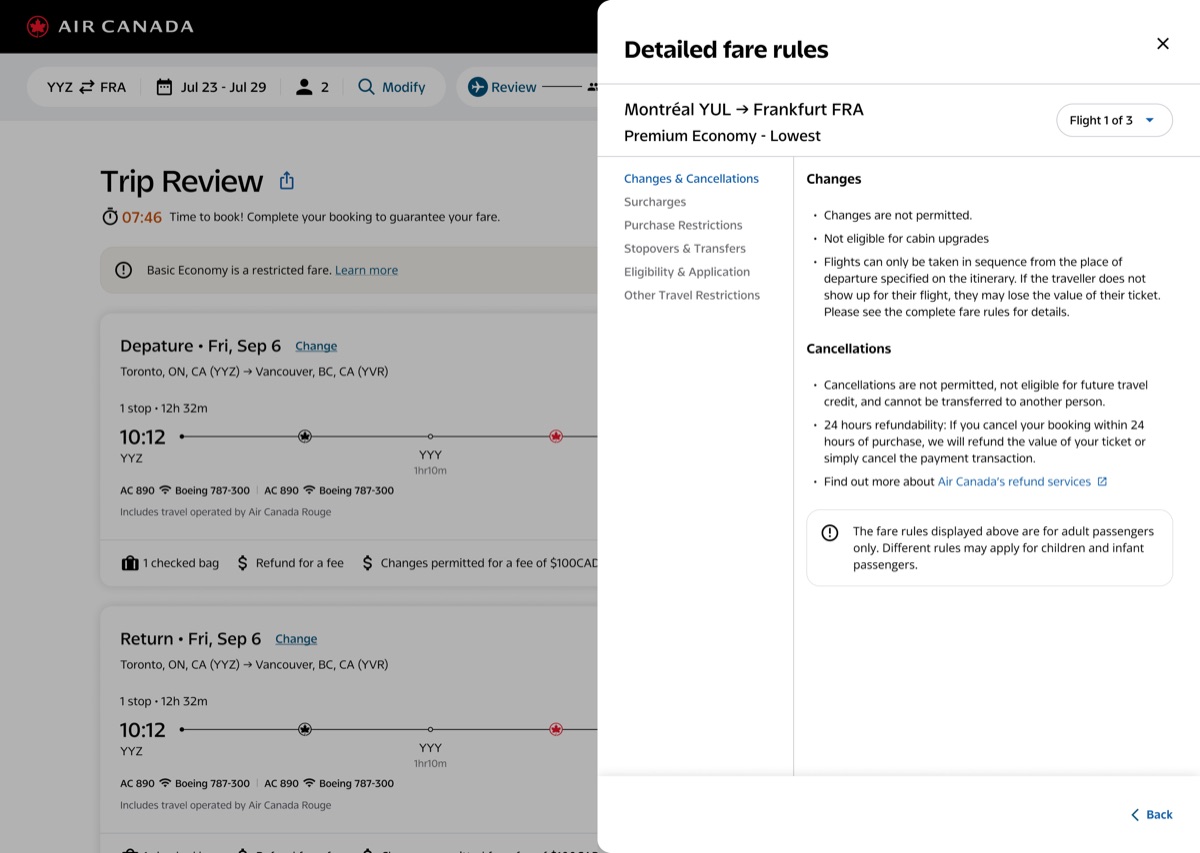 Trip review with the detailed fare rules drawer open for a Premium Economy fare