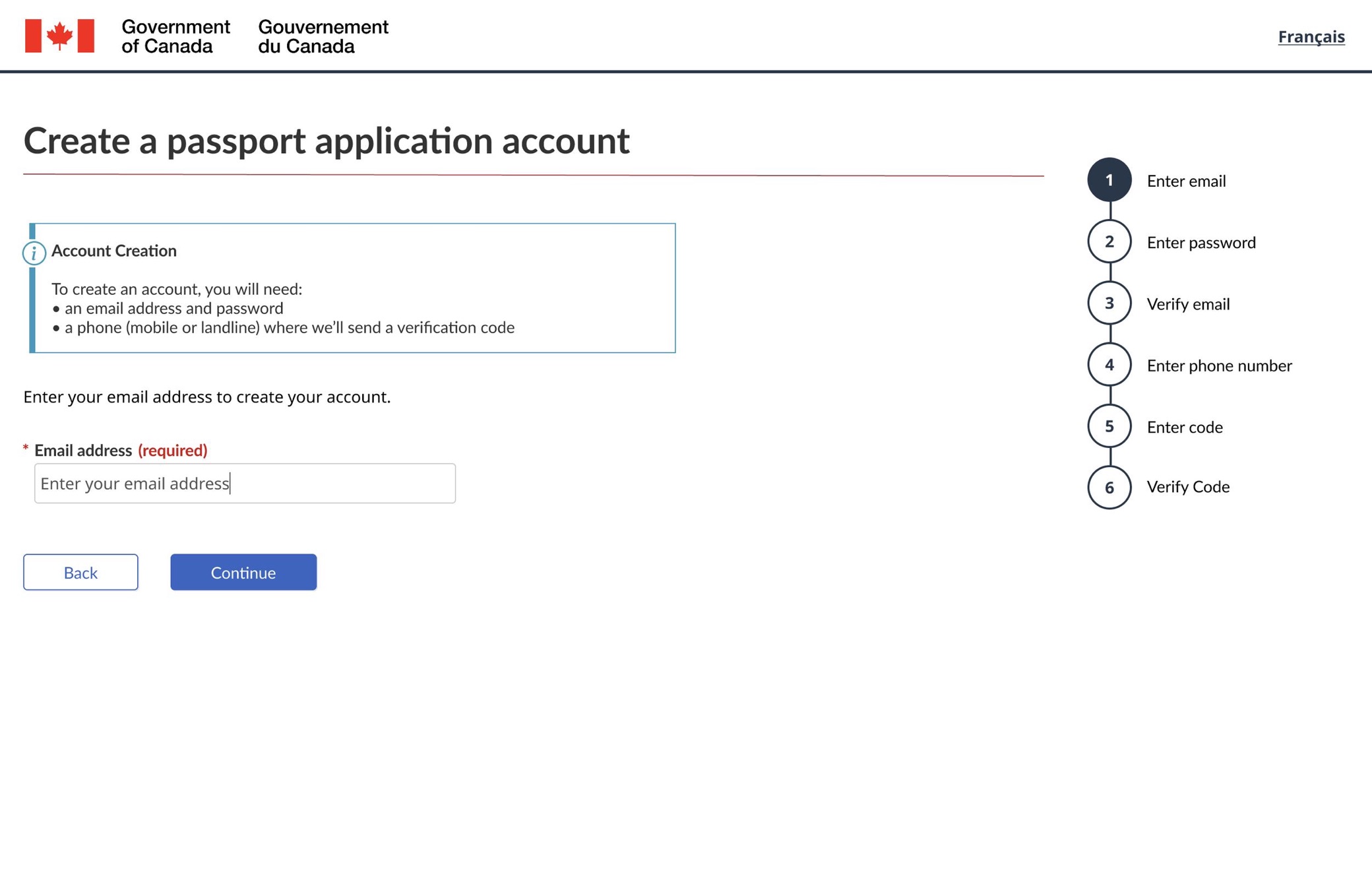 Create a passport application account screen with an email field, Back and Continue buttons, and a six-step account-creation progress list
