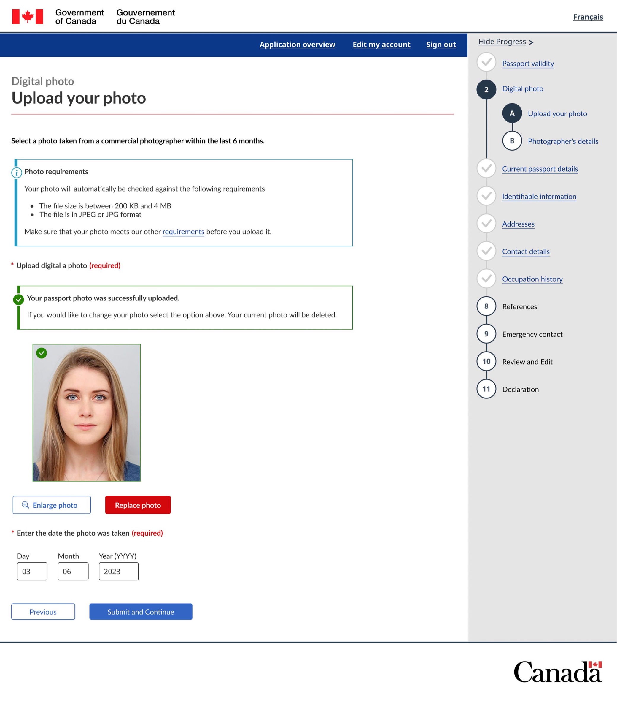 Government of Canada passport renewal page for uploading a digital photo, with a successful upload, photo date fields, and an 11-step progress sidebar