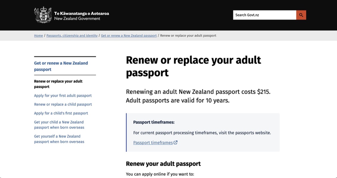 New Zealand Government page titled Renew or replace your adult passport, with left-hand navigation and passport timeframe guidance