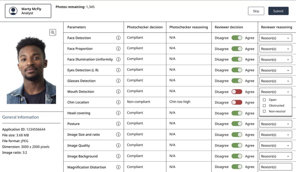 Internal analyst photo-review tool with a passport portrait, Photochecker versus Reviewer decision columns, and agree or disagree toggles