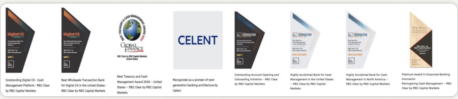 Eight award marks for RBC Clear, including two Digital CX Awards, Global Finance, Celent, and Infosys Finacle