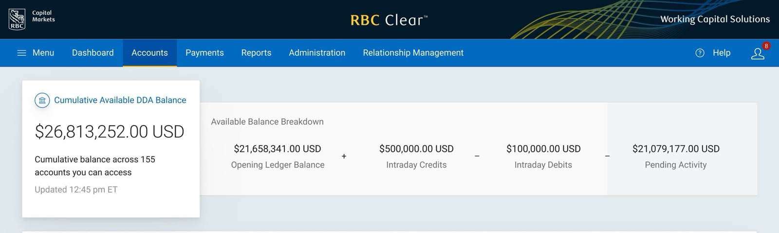 The accounts page of the RBC Clear app, showing cumulative available DDA balance and a breakdown of ledger, credits, debits, and pending activity