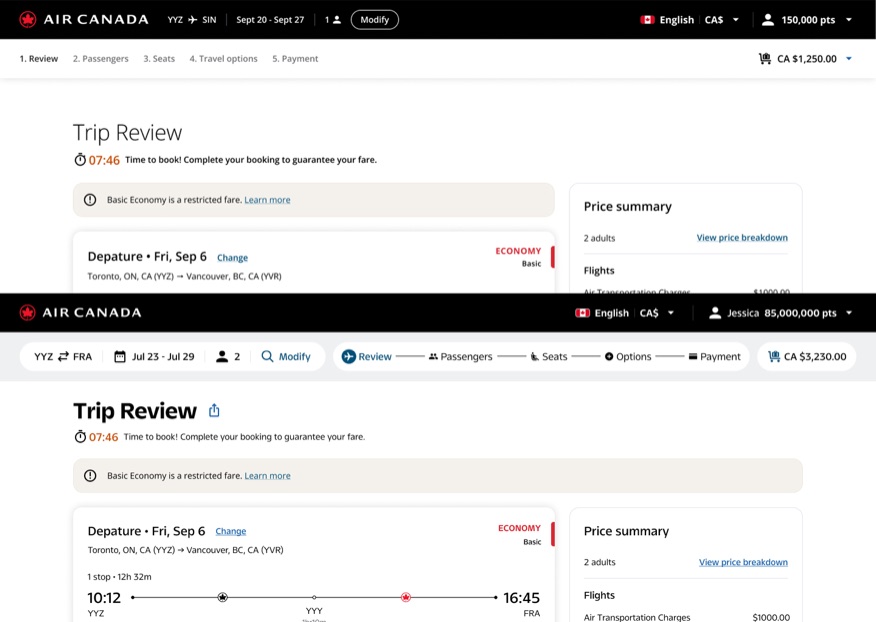 The original Air Canada trip view page stacked above the redesigned trip review page, which adds a flight timeline and progress bar