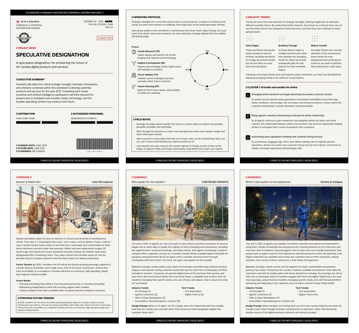 Pages from the Speculative Designathon workbook, including the project brief, operating protocol, and future scenarios